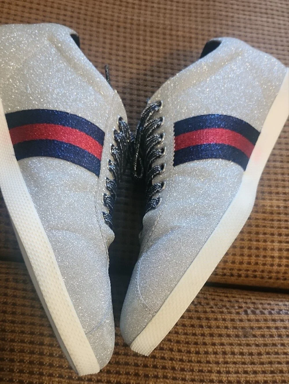 Gucci Silver Glitter Men's Low-Top Sneakers with Black & Red Stripe